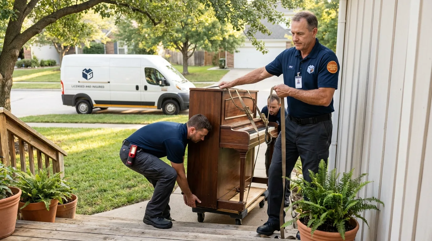 Licensed piano movers securing grand piano in Fort Scott, KS
