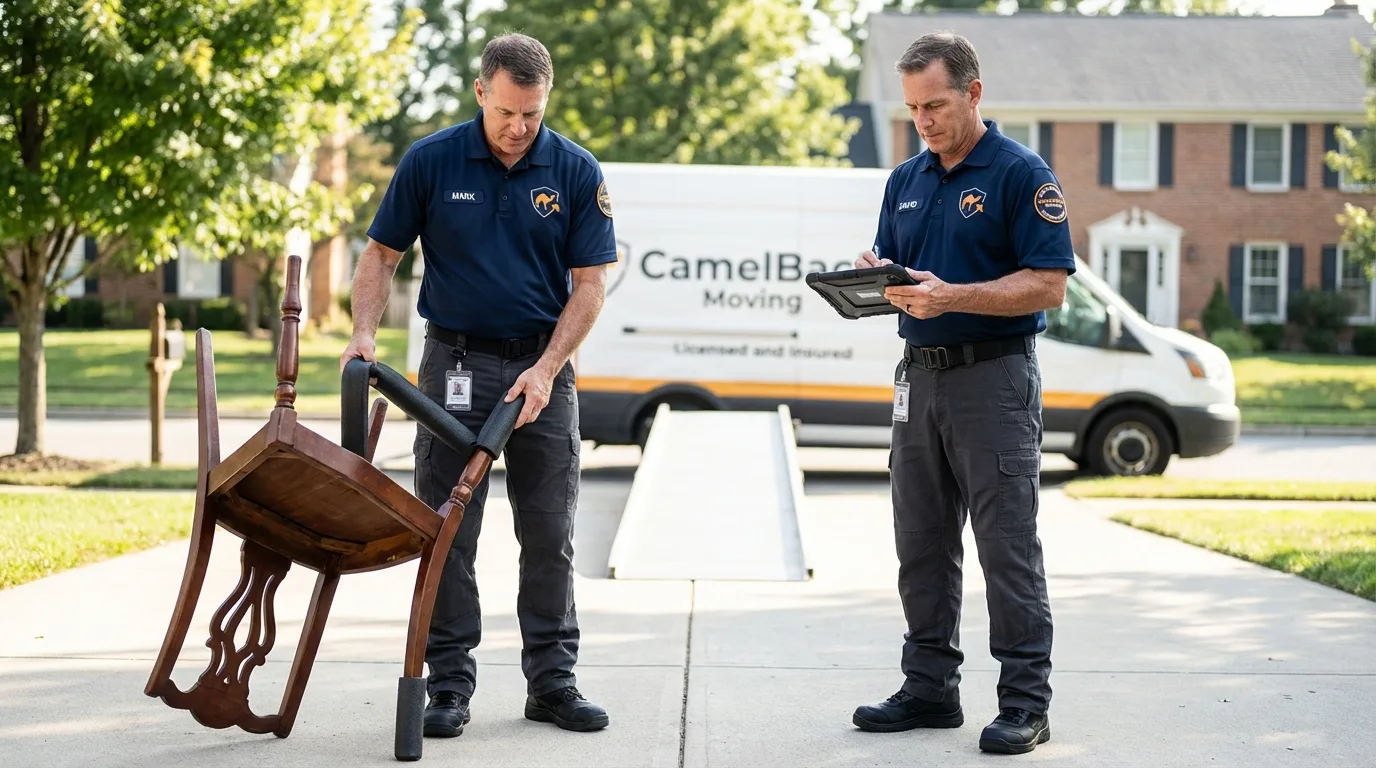 Movers inspecting furniture for damage prevention before loading in Fort Scott, KS