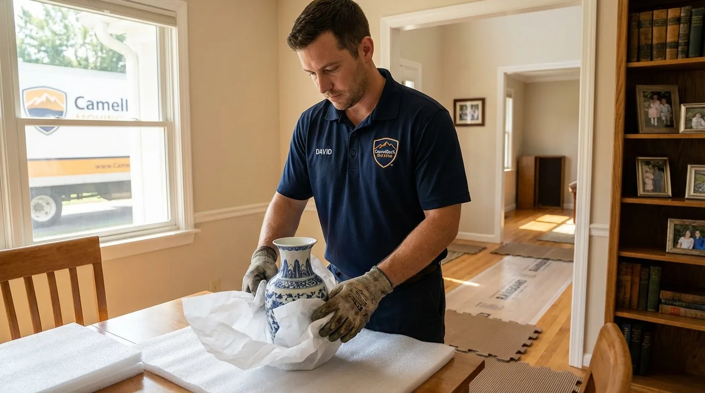 Professional crew carefully wrapping antique vase for senior downsizing move in Fort Scott, KS